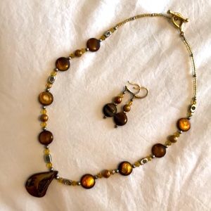Beaded necklace and earrings, amber shades